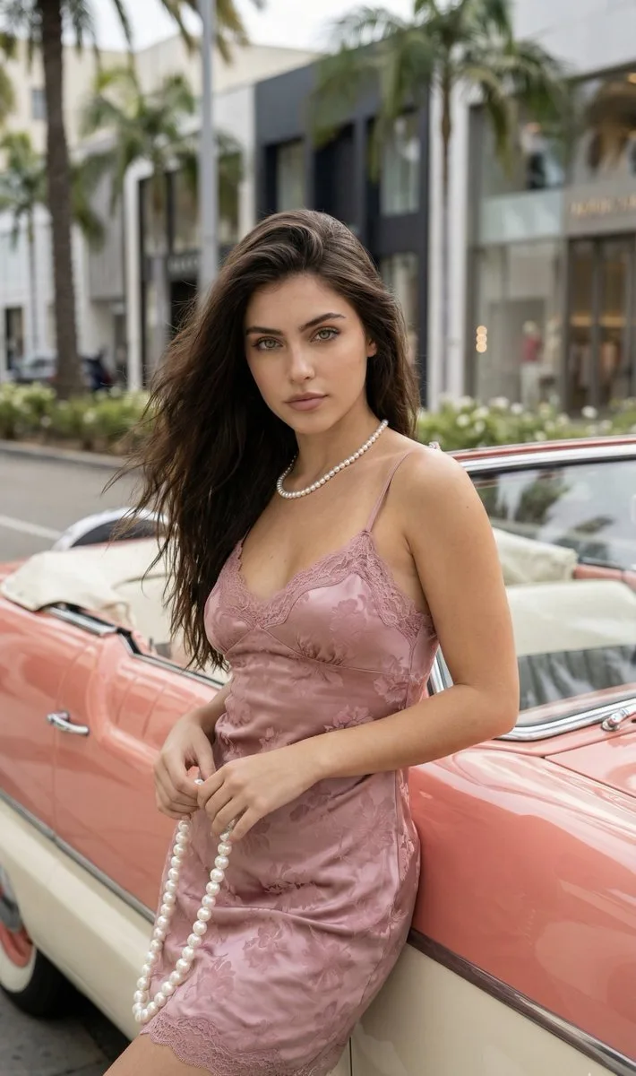 Elegant lady pink satin vintage car — Sonra