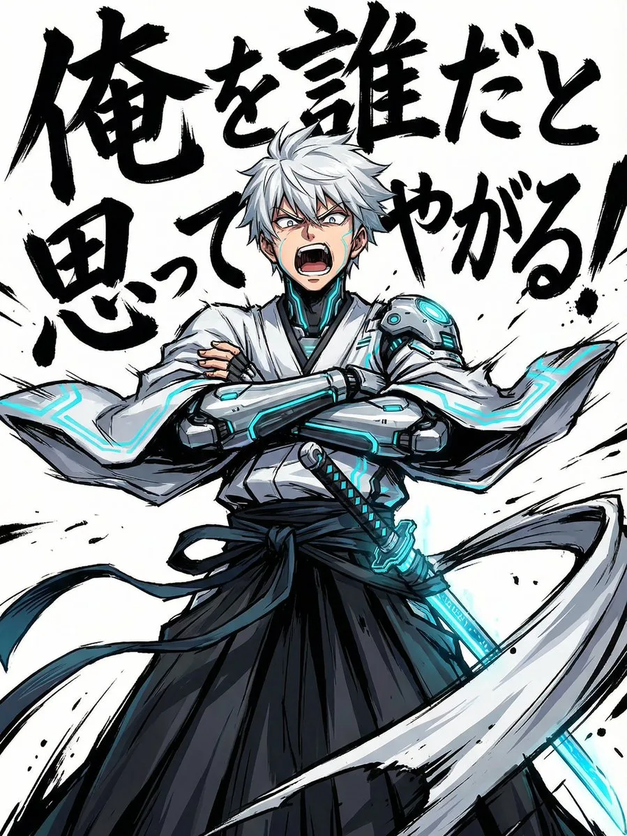 Roaring anime character in violent wind — Sonra