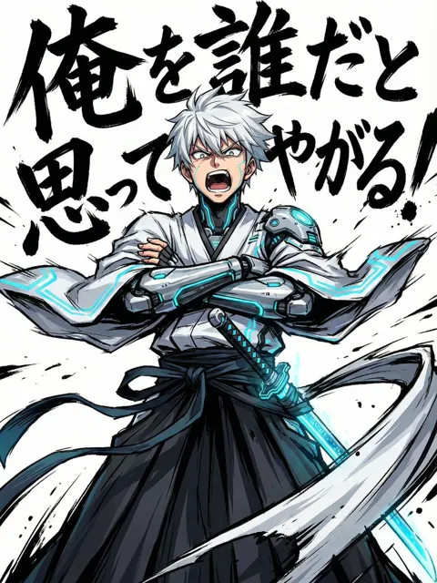 Roaring anime character in violent wind