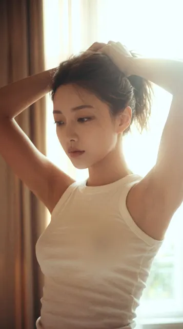 Realistic vertical portrait woman styling hair by window