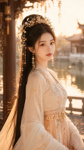 Ancient chinese immortal beauty waterside pavilion portrait