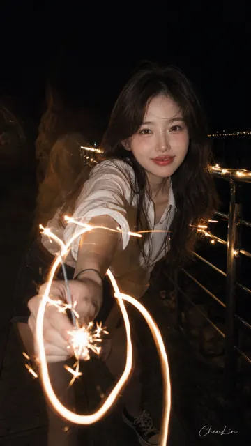 Riverside night long exposure light painting korean girl