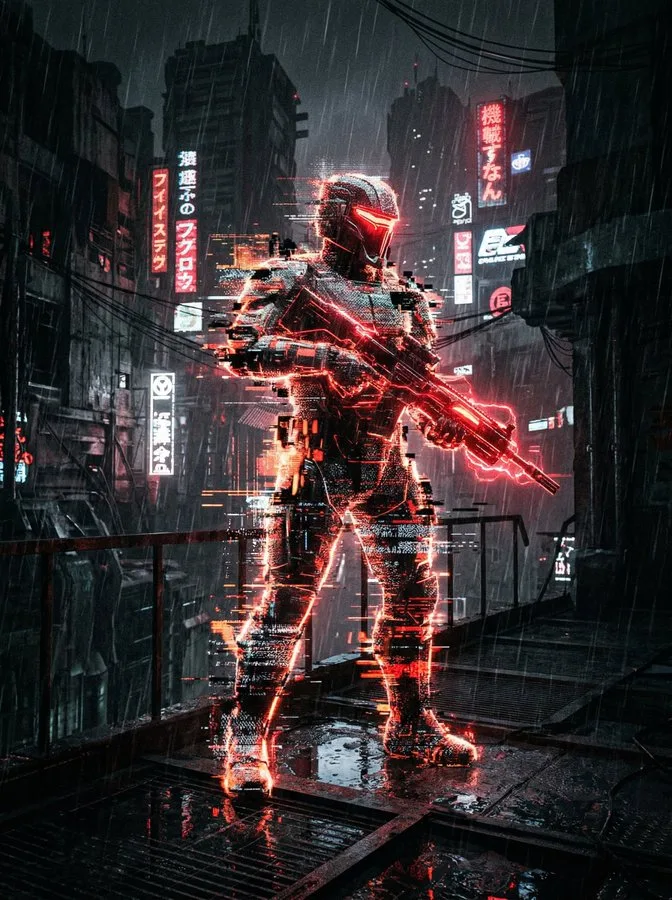 Cyberpunk ruins holographic warrior — Sonra