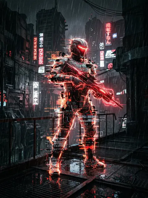 Cyberpunk ruins holographic warrior