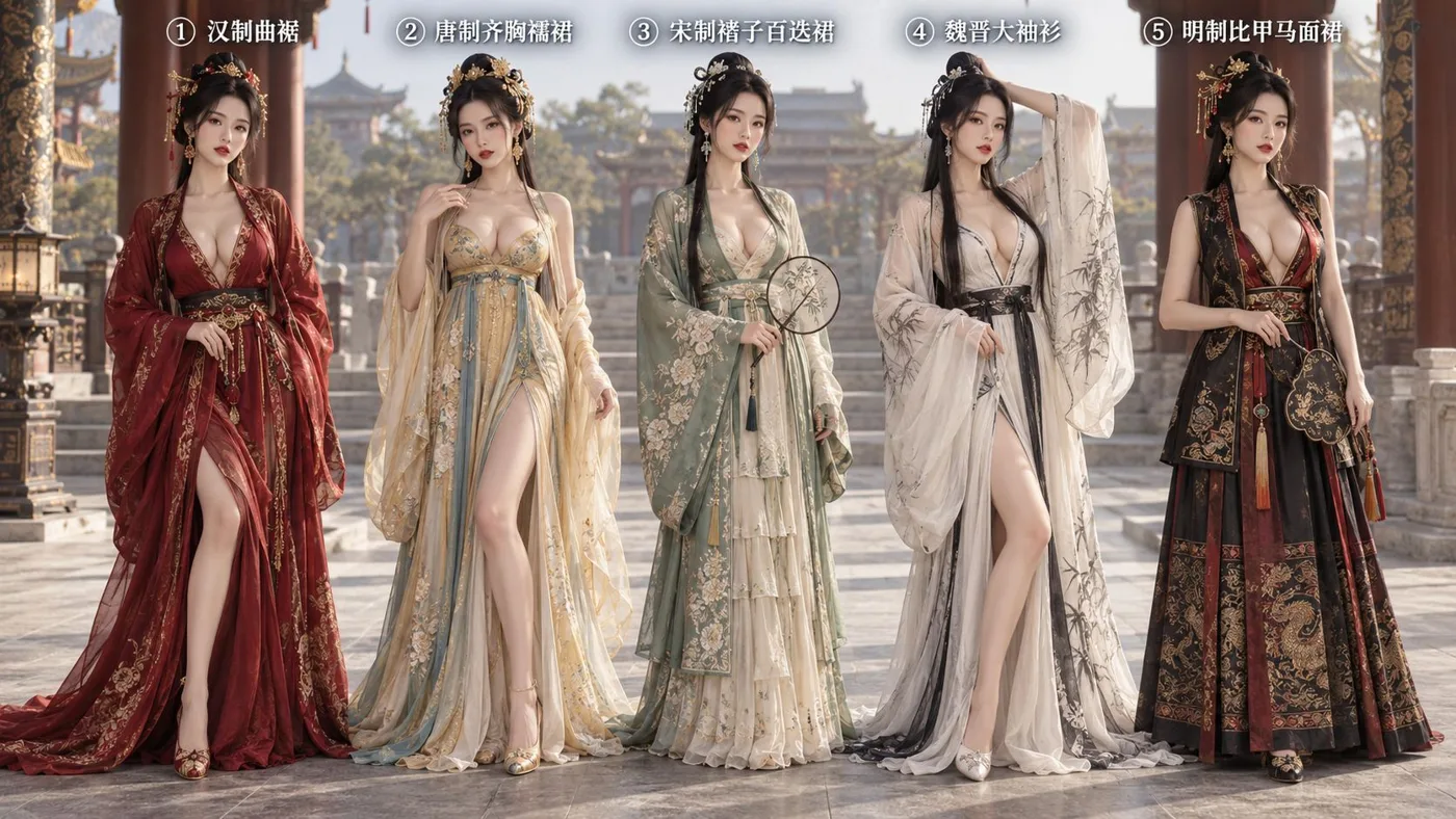 Five femme fatales sexy deep v hanfu full body — After