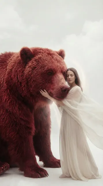 Surreal dream embrace red bear