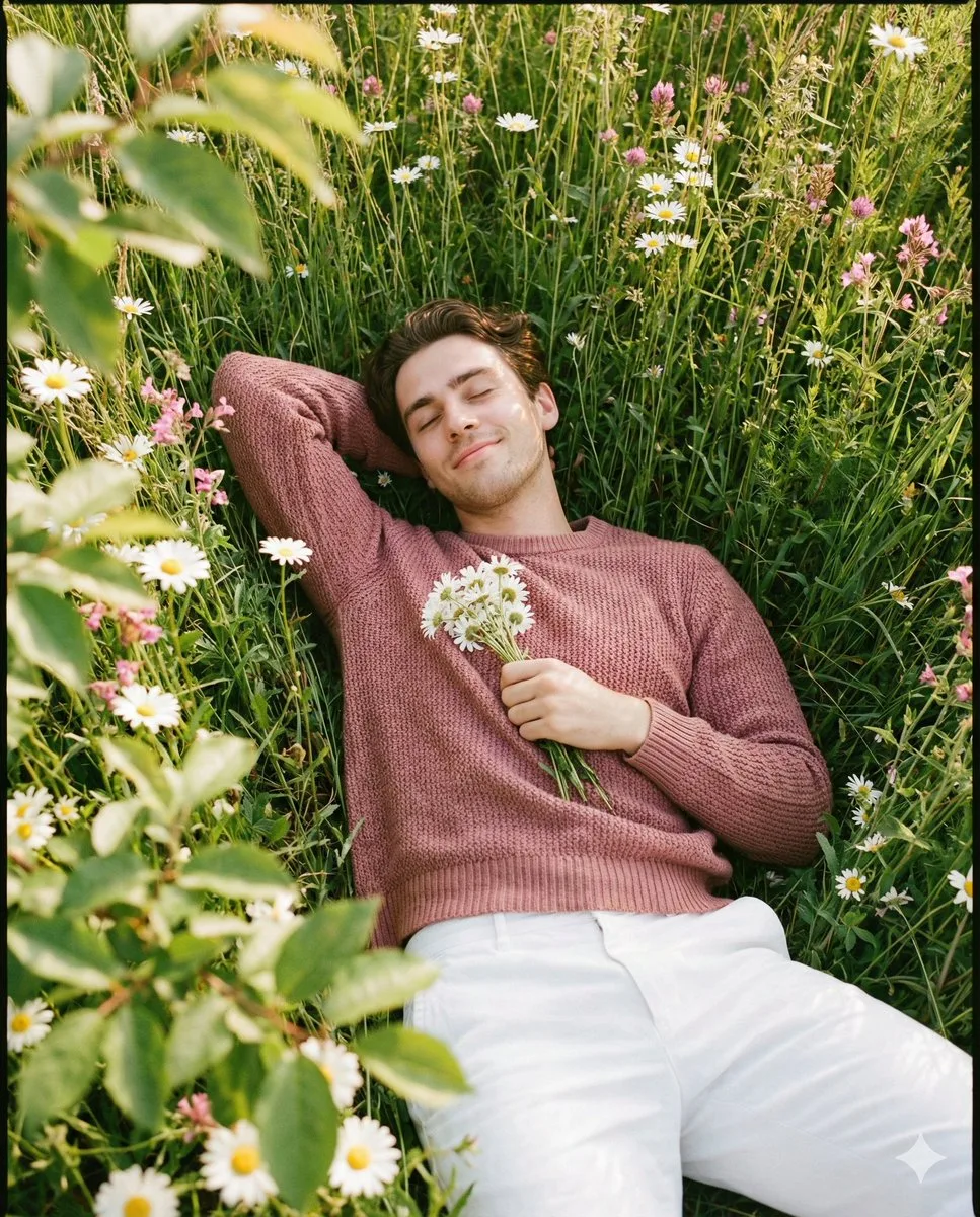 Peaceful boy resting in flower field — After