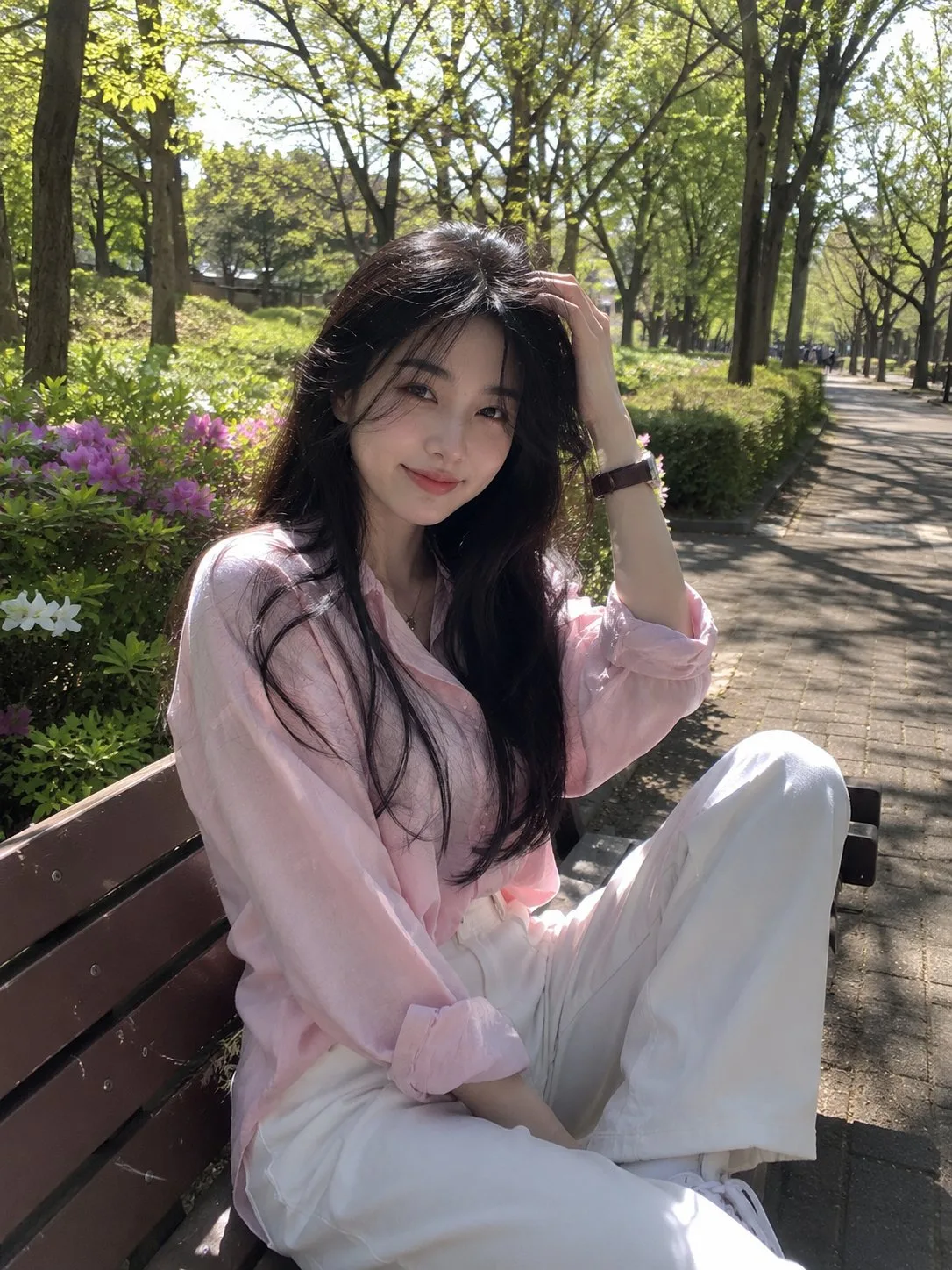 East asian woman spring park portrait — Sonra