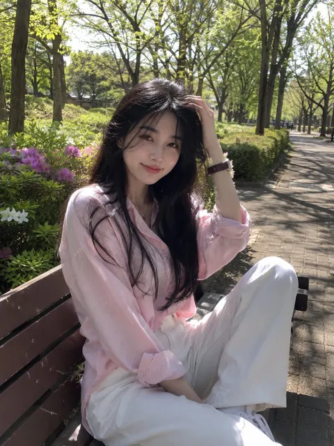 East asian woman spring park portrait