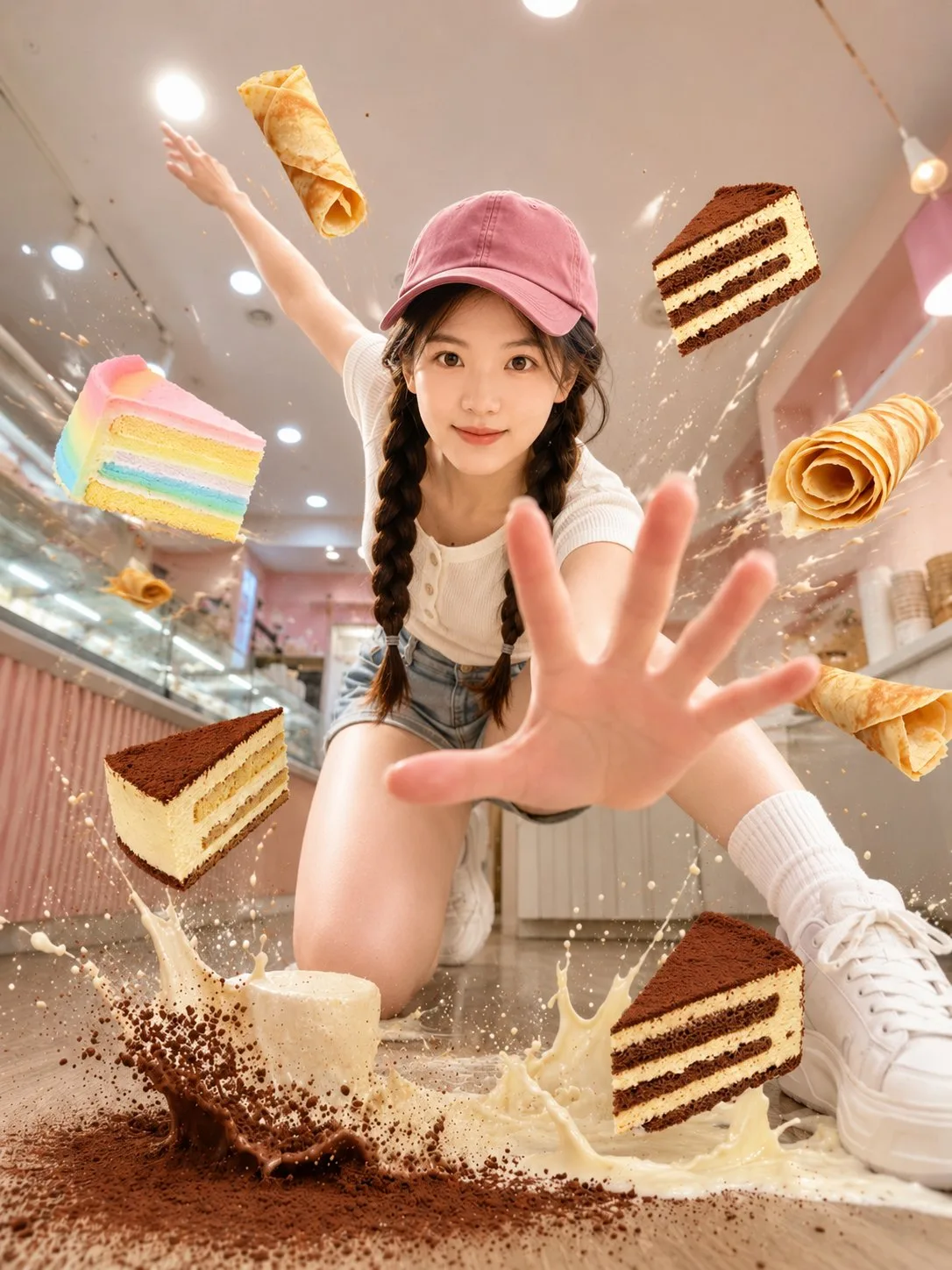 Dynamic dessert cafe action portrait prompt — After