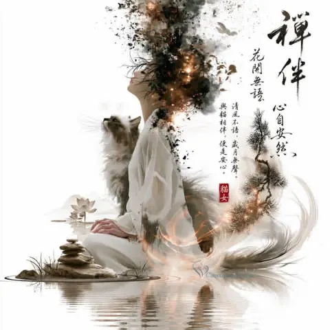 Zen ink wash mixed media artwork