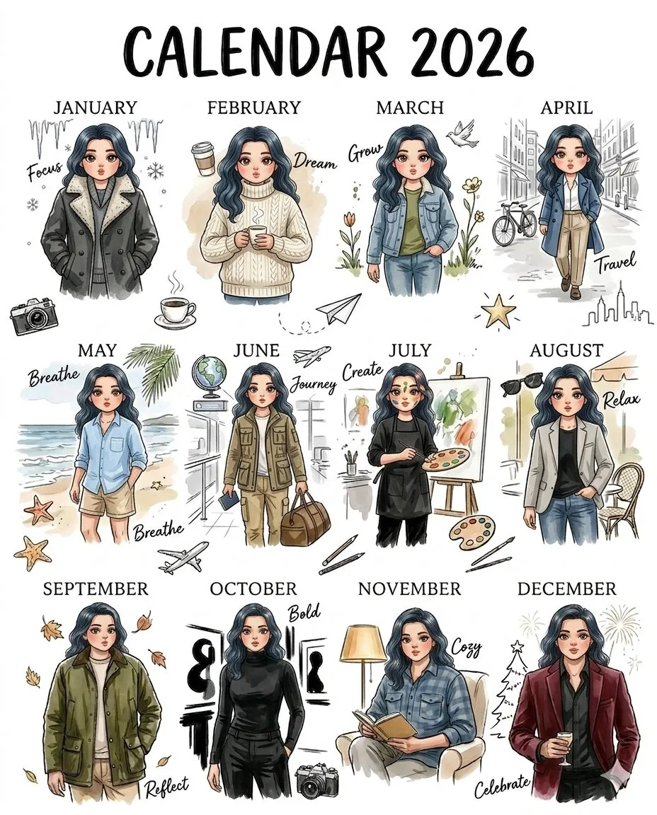 2026 calendar poster chibi female character — Sonra