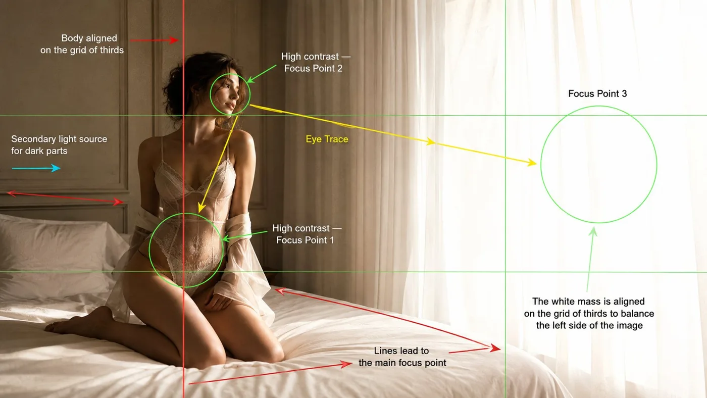 Cinematic fashion editorial composition analysis minimal bedroom — After