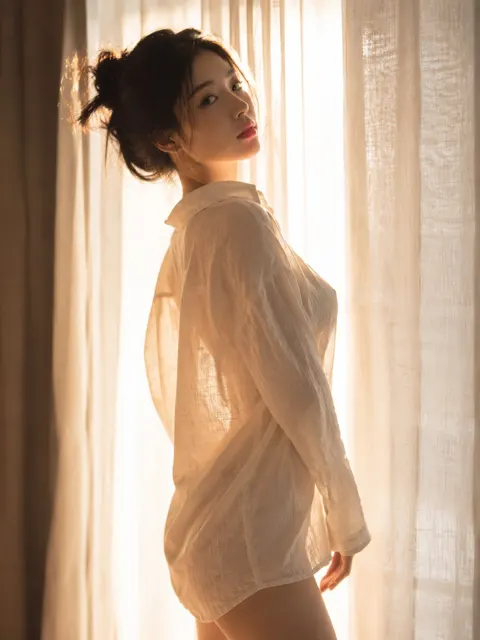 23 year old east asian model backlit linen shirt