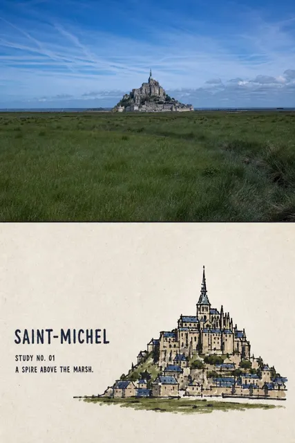 Travel photo to folk ink landmark comparison poster