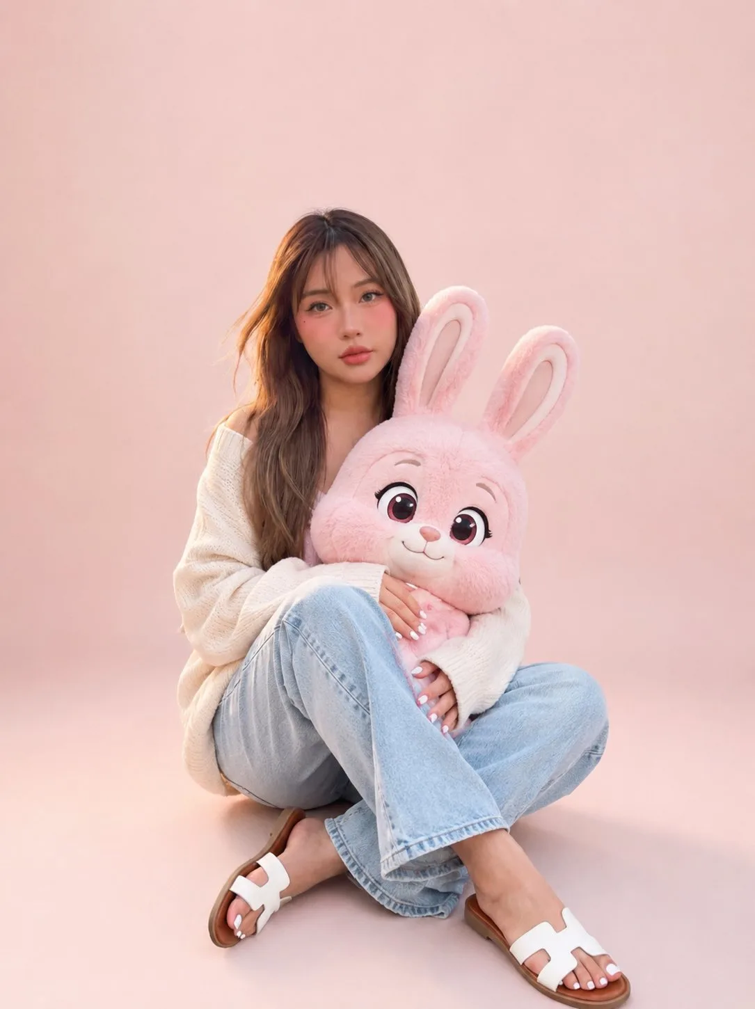 Photorealistic portrait cream sweater pink cartoon rabbit — Sonra