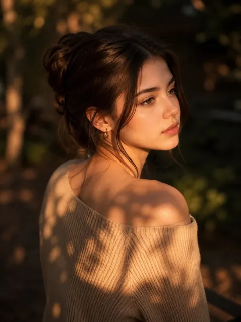 Cinematic high angle golden hour woman portrait