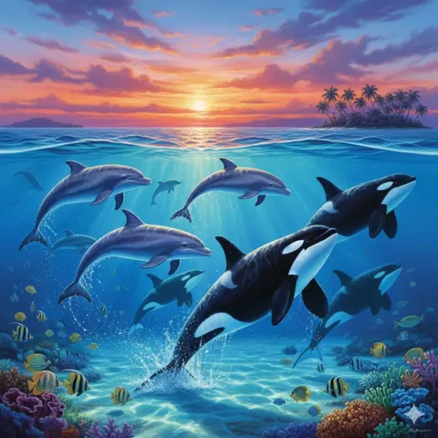 Dreamy starry ocean dolphins