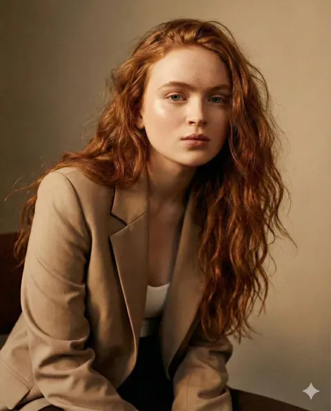 Intense redhead model touching lens