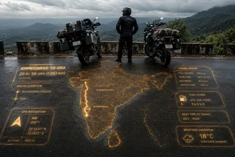 Cinematic motorcycle adventure india holographic map hud
