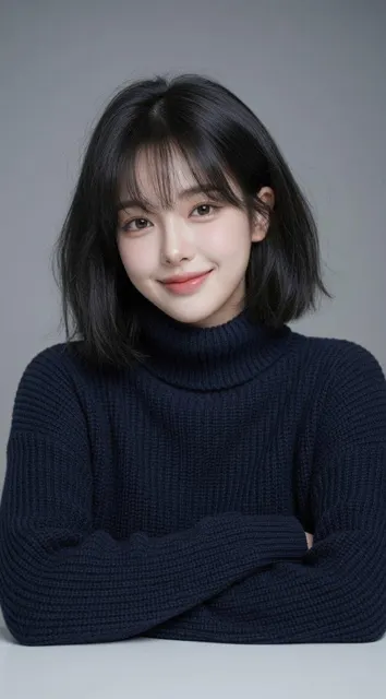 East asian woman navy knit turtleneck portrait