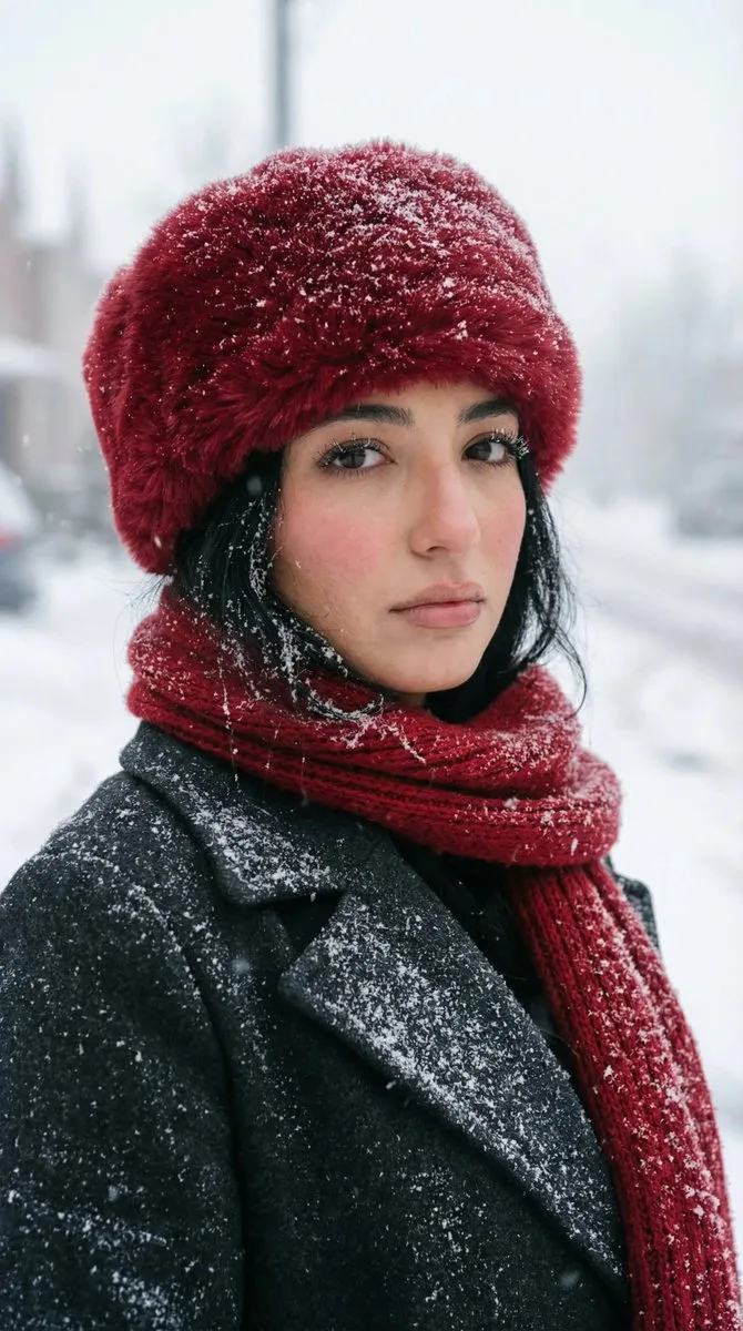 Red hat girl in heavy snow — After