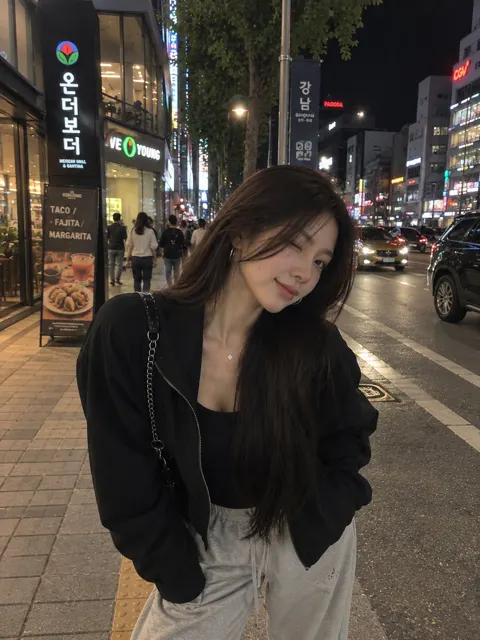 Photorealistic korean nighttime street style portrait