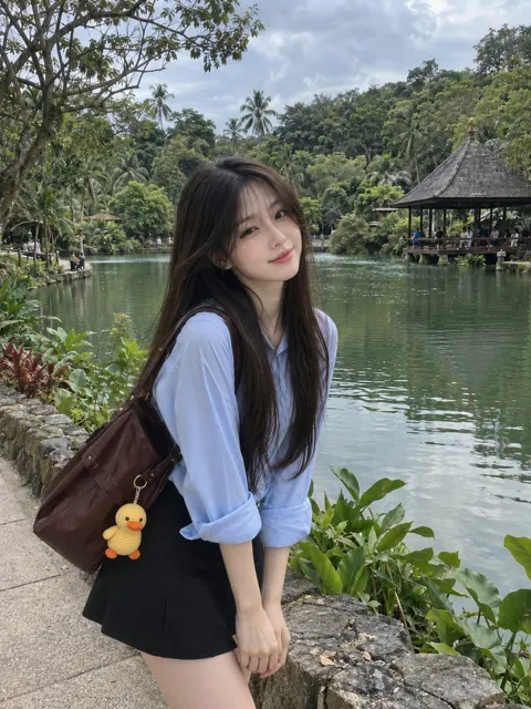 Ultra realistic smartphone travel portrait asian woman lake