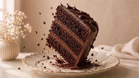 Slice of cake falling onto plate bakery style