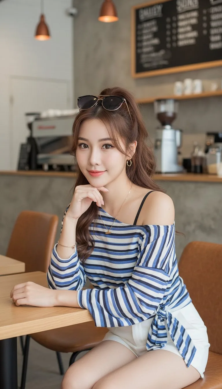 Fashionable east asian woman modern cafe portrait — Sonra