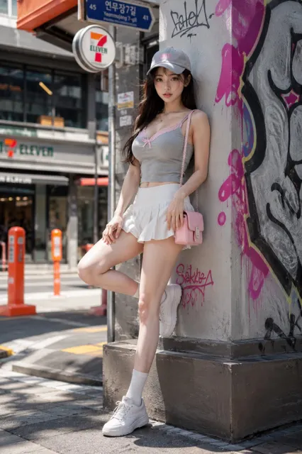 Hyper realistic east asian woman street fashion photography
