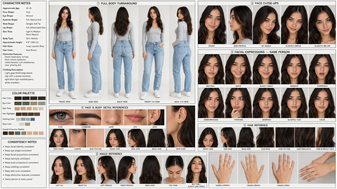 Photorealistic human character model sheet prompt — After