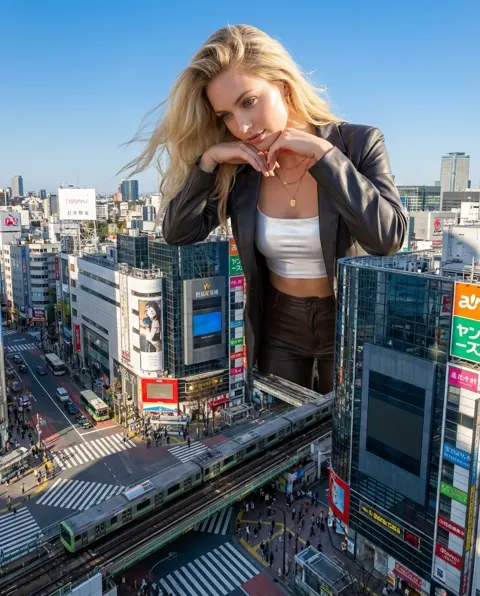 Shibuya giantess overlooking city