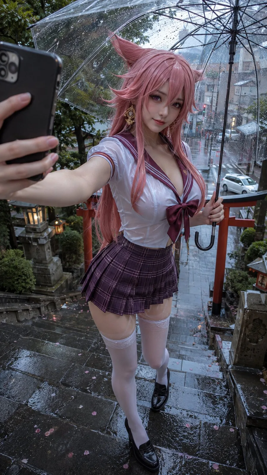 Yae miko rainy shrine selfie sailor suit — Sonra