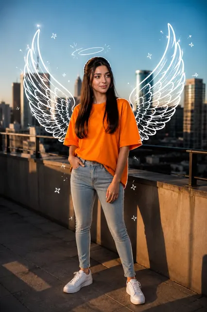 Rooftop lifestyle golden hour angel wings doodle
