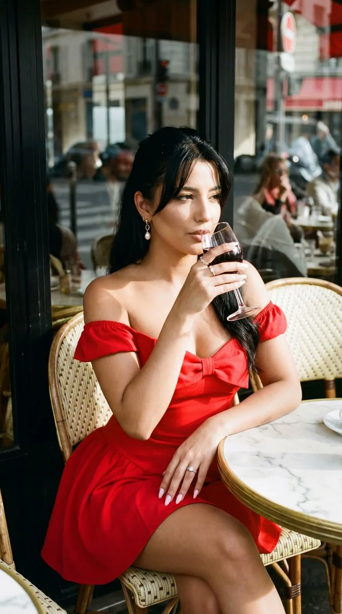 Paris cafe red dress wine — Sonra