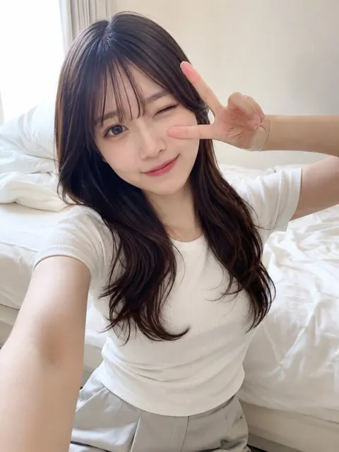 East asian woman bedroom selfie portrait prompt