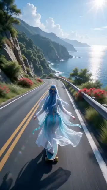 Extreme wide angle mountain sea skateboarding rush