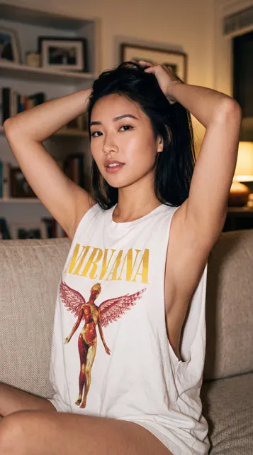 Photorealistic east asian woman nirvana tank top