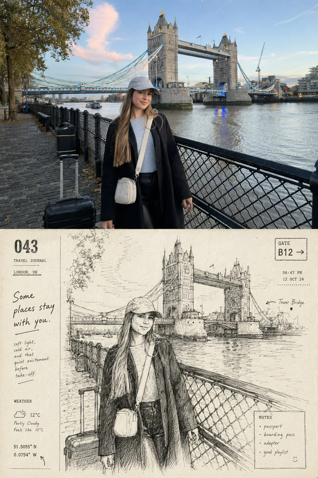 Nostalgic contemporary travel journal artbook page — Sonra
