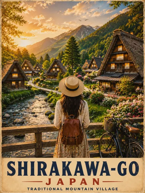 Shirakawa go vintage travel poster golden hour
