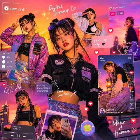 Futuristic gen z korean fashion collage