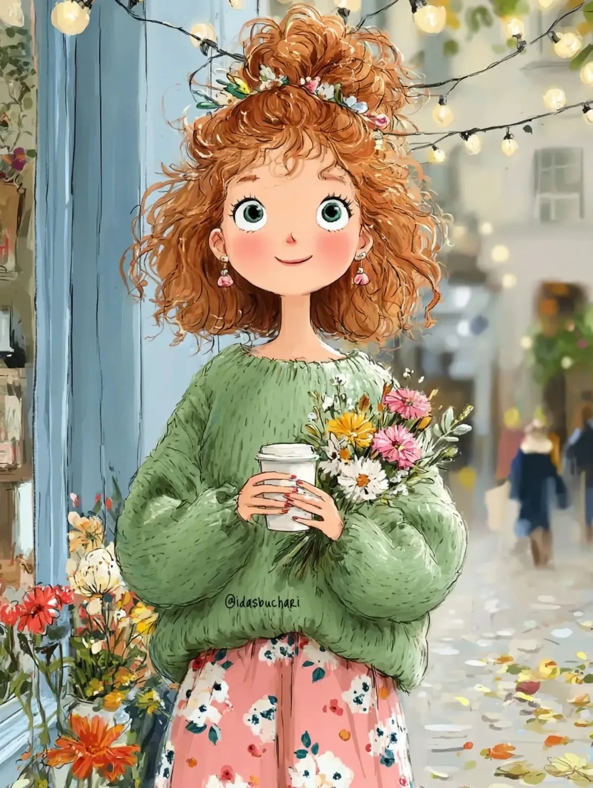 Whimsical watercolor girl european street — After