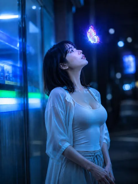 Butterfly floating in the blue night