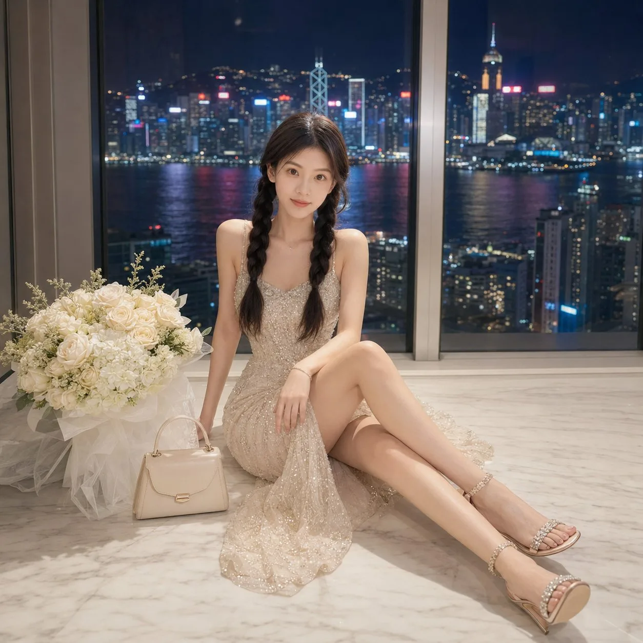 Luxury indoor night cityscape portrait prompt — After