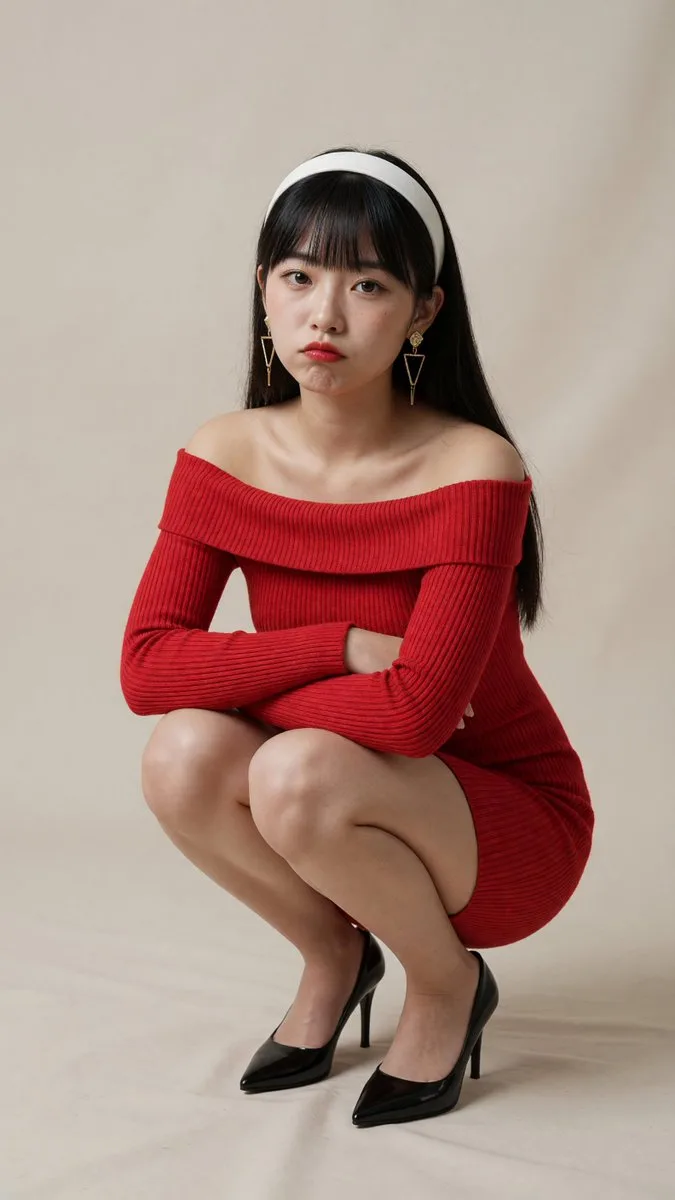 East asian woman red knit dress squatting — After