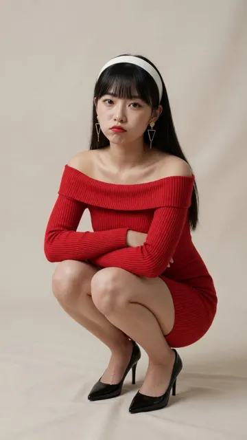 East asian woman red knit dress squatting