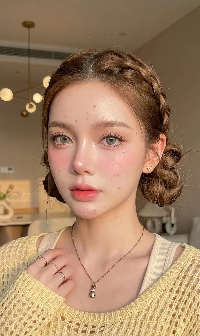 Close up portrait cute girl butter yellow sweater duckface — After