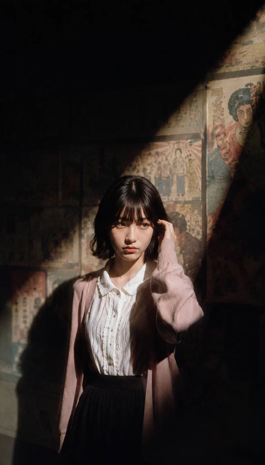 Cinematic vintage portrait exhibition room japanese mural — After