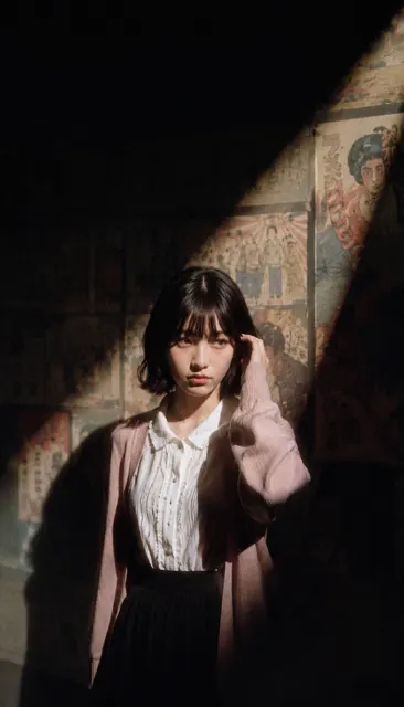 Cinematic vintage portrait exhibition room japanese mural